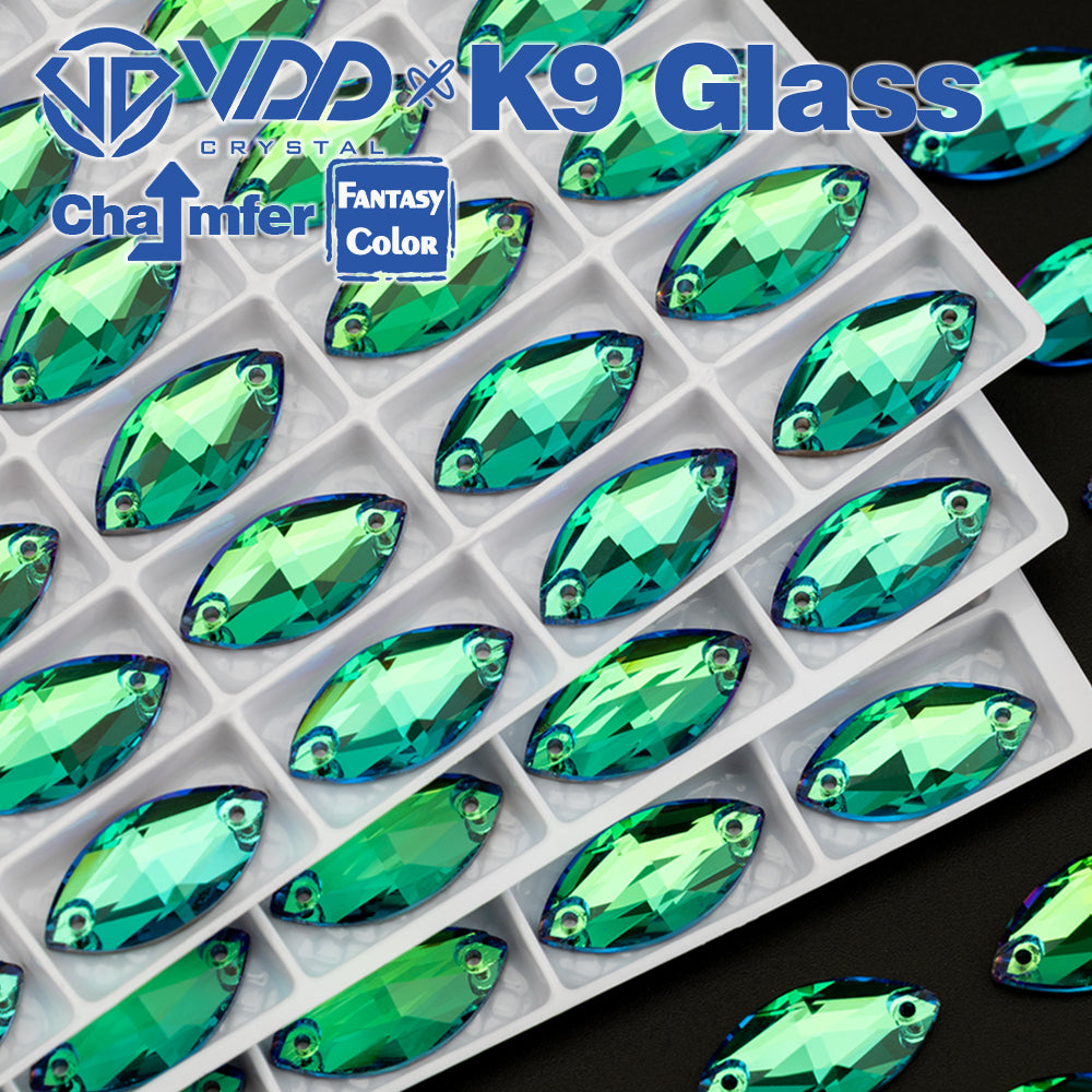 VDD Navette 9x18mm 36Pcs Luxe Green Color Top Quality K9 Glass Sew on Rhinestone Sewing Crystal Flatback Clothes Decorations