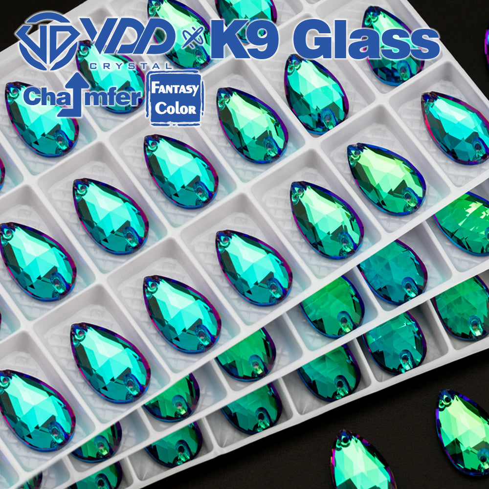 VDD Pear 11x18mm 24Pcs Luxe Green Color Top Quality K9 Glass Sew on Rhinestone Sewing Crystal Flatback Clothes Decorations