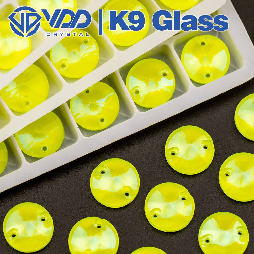 VDD 12mm Neon Lemon Rivoil Top Quality Glass Sew on Rhinestones Crystal Flatback Stones for Clothes Decoration Wedding Dress