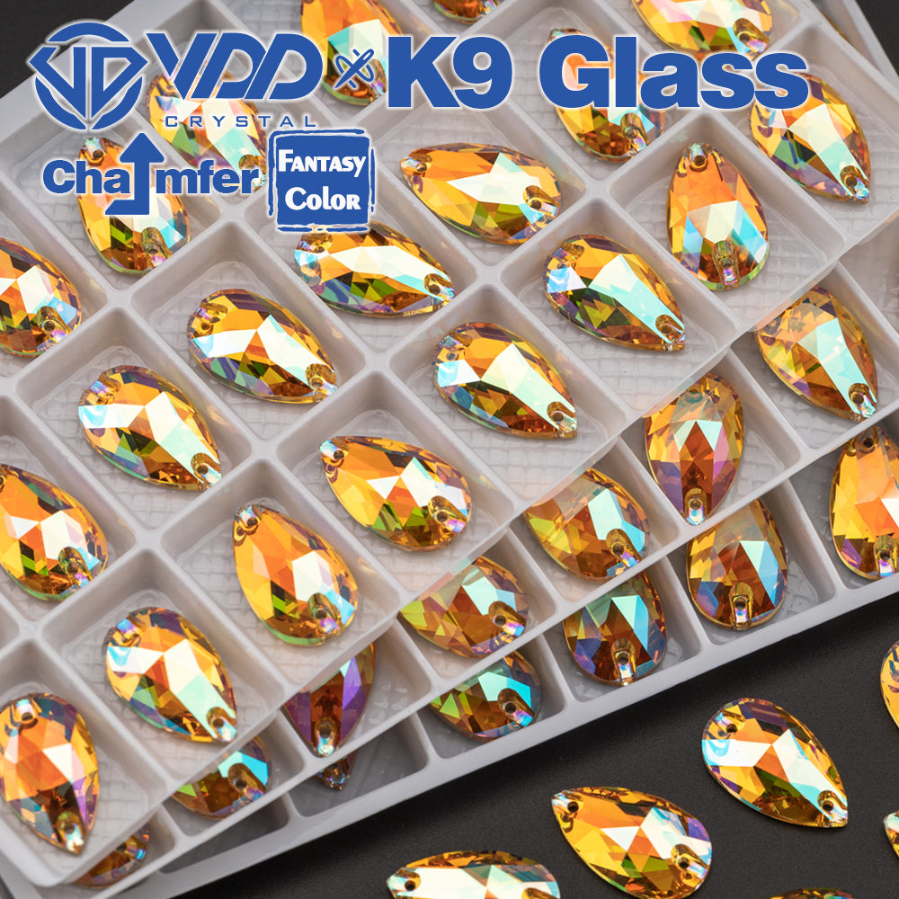 VDD Pear 11x18mm 24Pcs Burning Sun Fantasy Color K9 Glass Sew on Rhinestones Sewing Crystals Flat Back Stones for Clothes Accessories