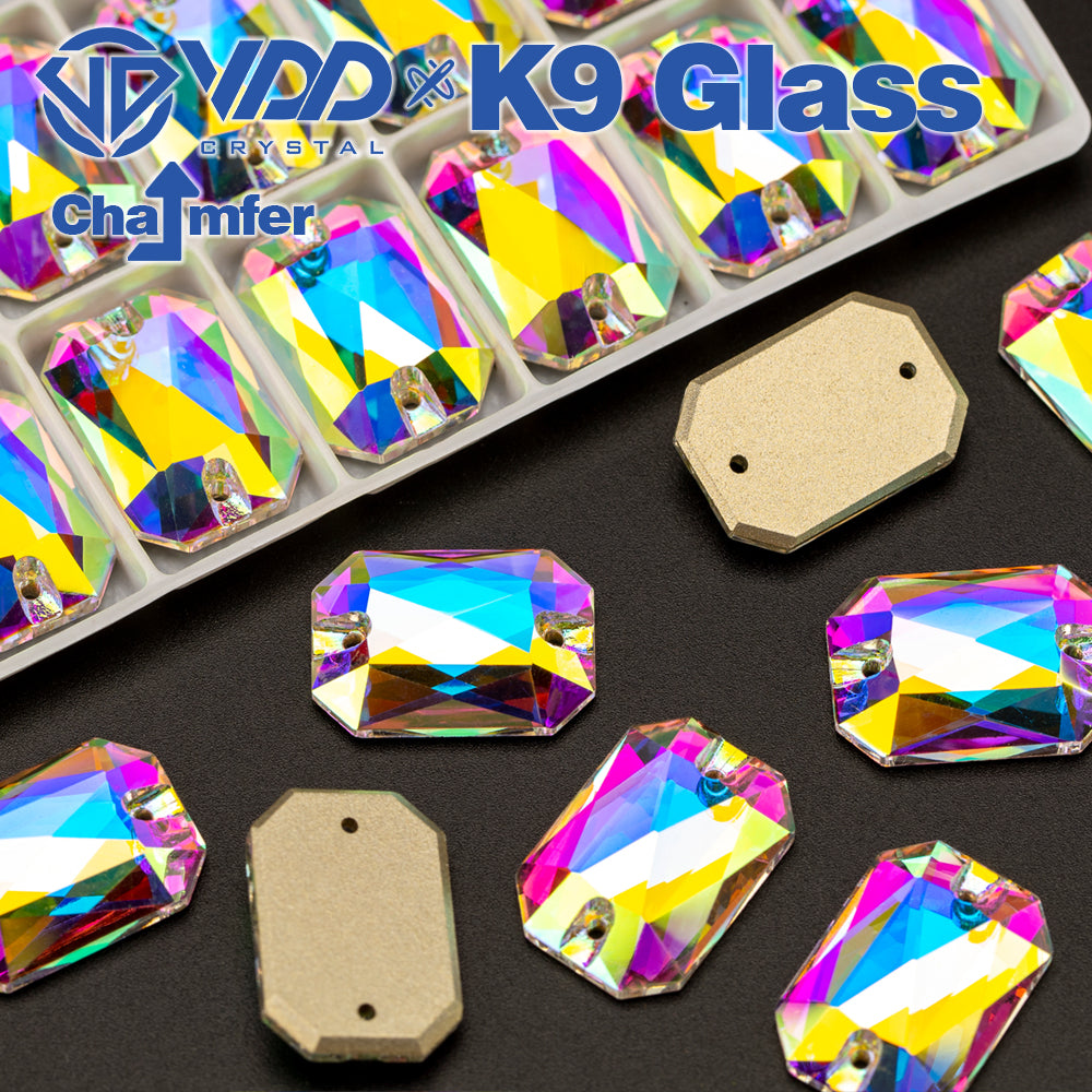 VDD Emerald Cut Top Quality K9 Glass Sew on Rhinestones Sewing Crystals AB Flatback Stones for Clothes Craft Wedding Dress