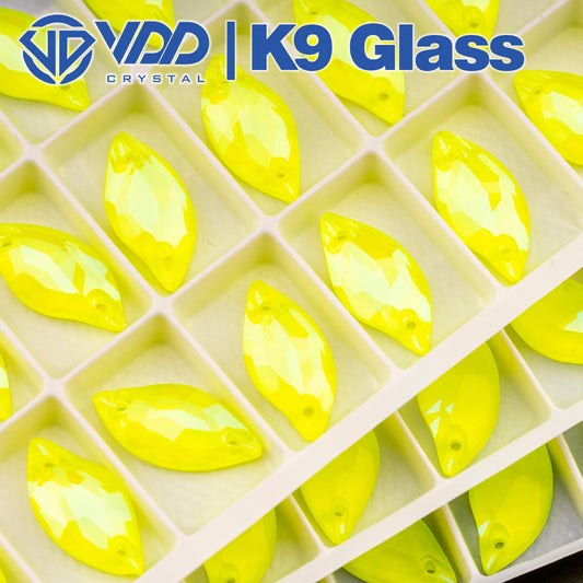 VDD 10x20mm Leaf Neon Lemon K9 Glass Sew on Rhinestones Sewing Crystal Flat Back Stones for Clothes Decorations Wedding Dress