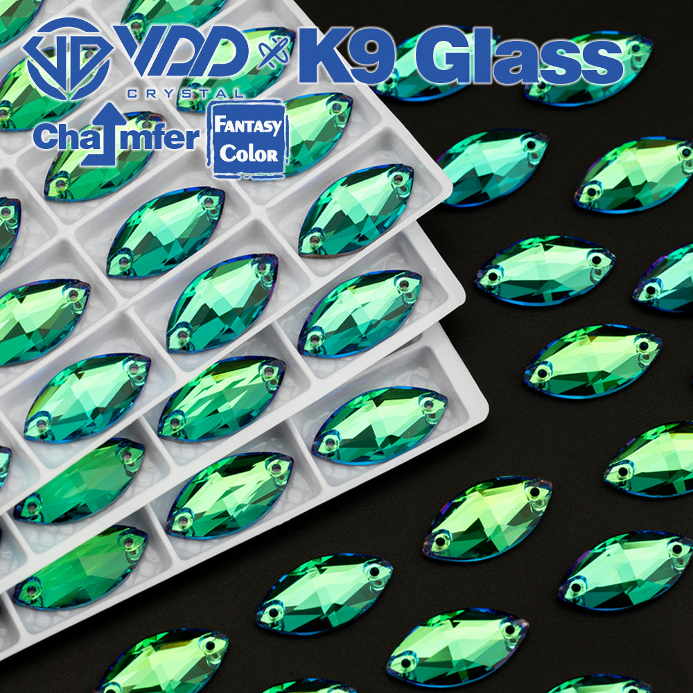 VDD Navette 9x18mm 36Pcs Luxe Green Color Top Quality K9 Glass Sew on Rhinestone Sewing Crystal Flatback Clothes Decorations