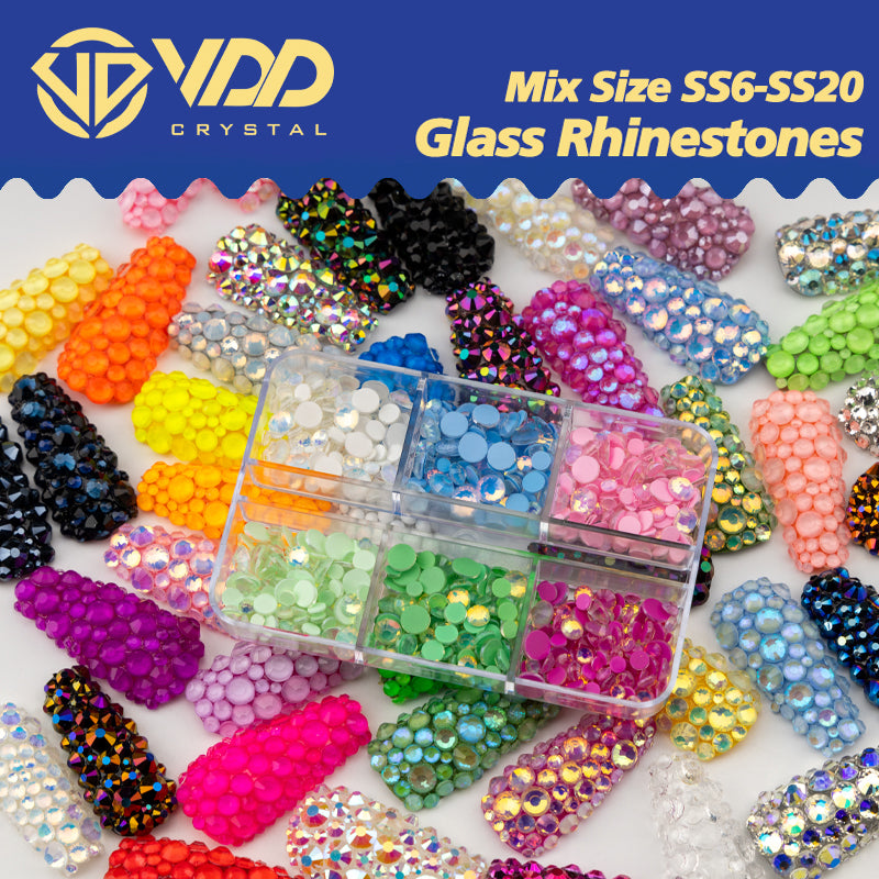 VDD  DC-032  SS6-SS20 Mix Size 6 Grid Box Glass Rhinestones Crystal Flatback Glitter Stones For Nail Art Accessorie DIY Crafts Decoration