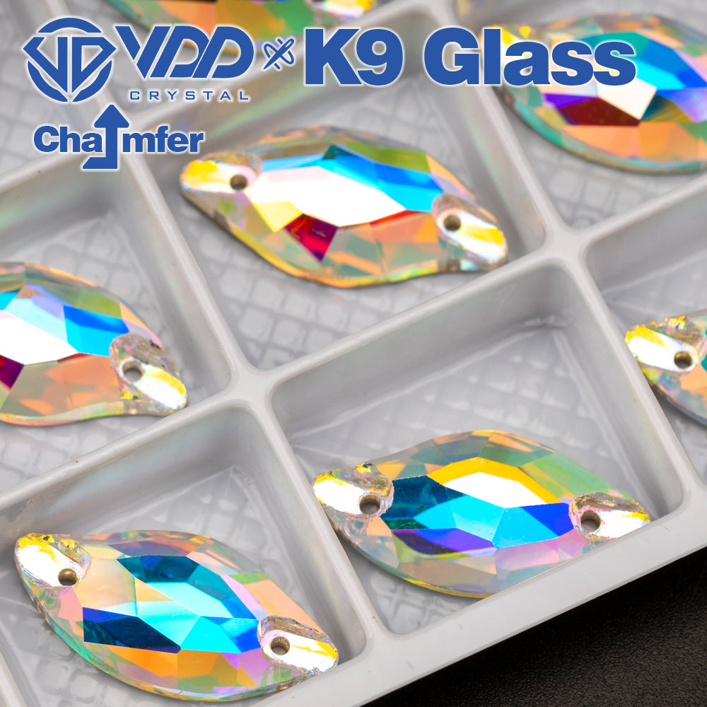 VDD S255 Crystal AB Leaf Top Quality K9 Glass Sew on Rhinestones Crystal Flatback Sewing Stones for Clothes Decorations