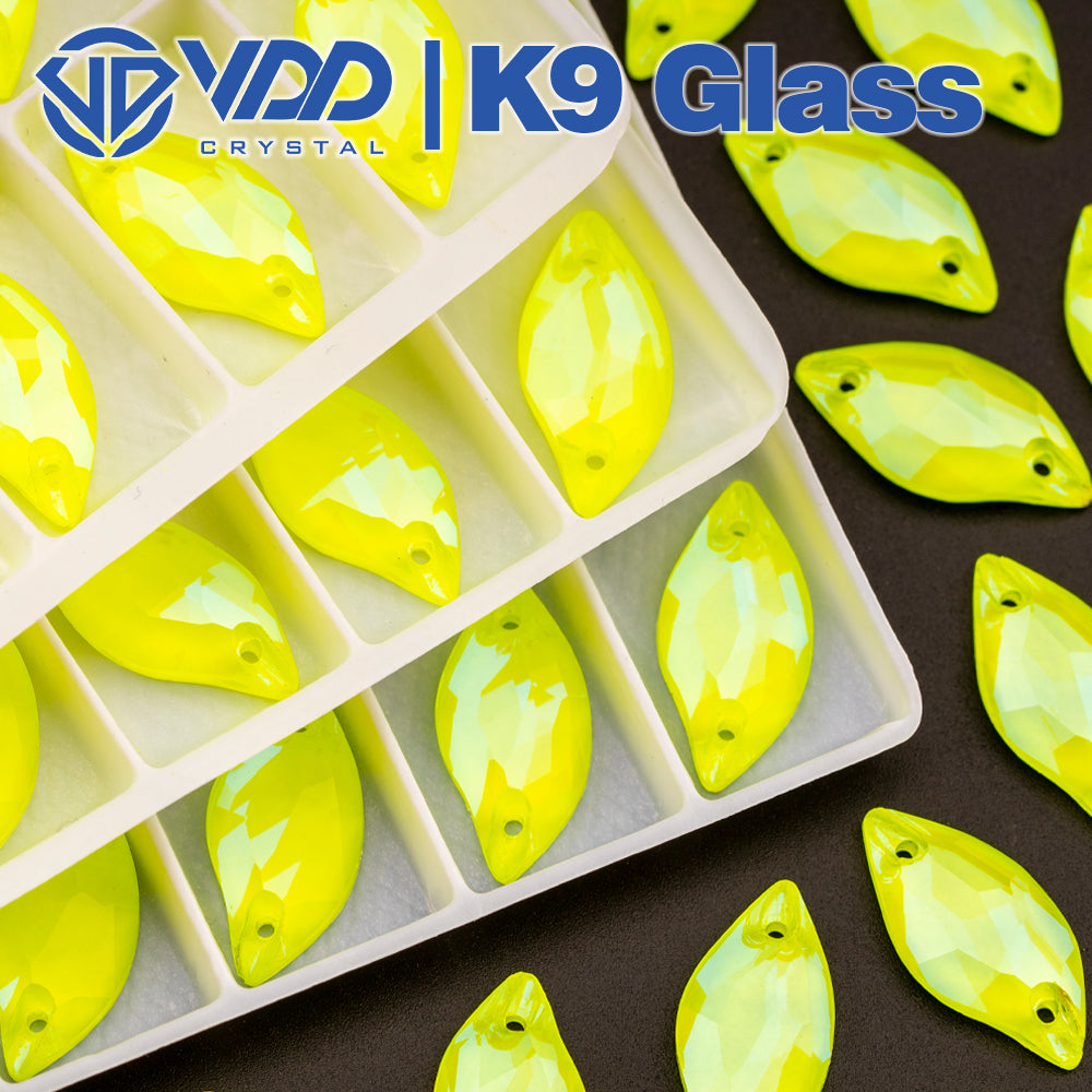 VDD 10x20mm Leaf Neon Lemon K9 Glass Sew on Rhinestones Sewing Crystal Flat Back Stones for Clothes Decorations Wedding Dress