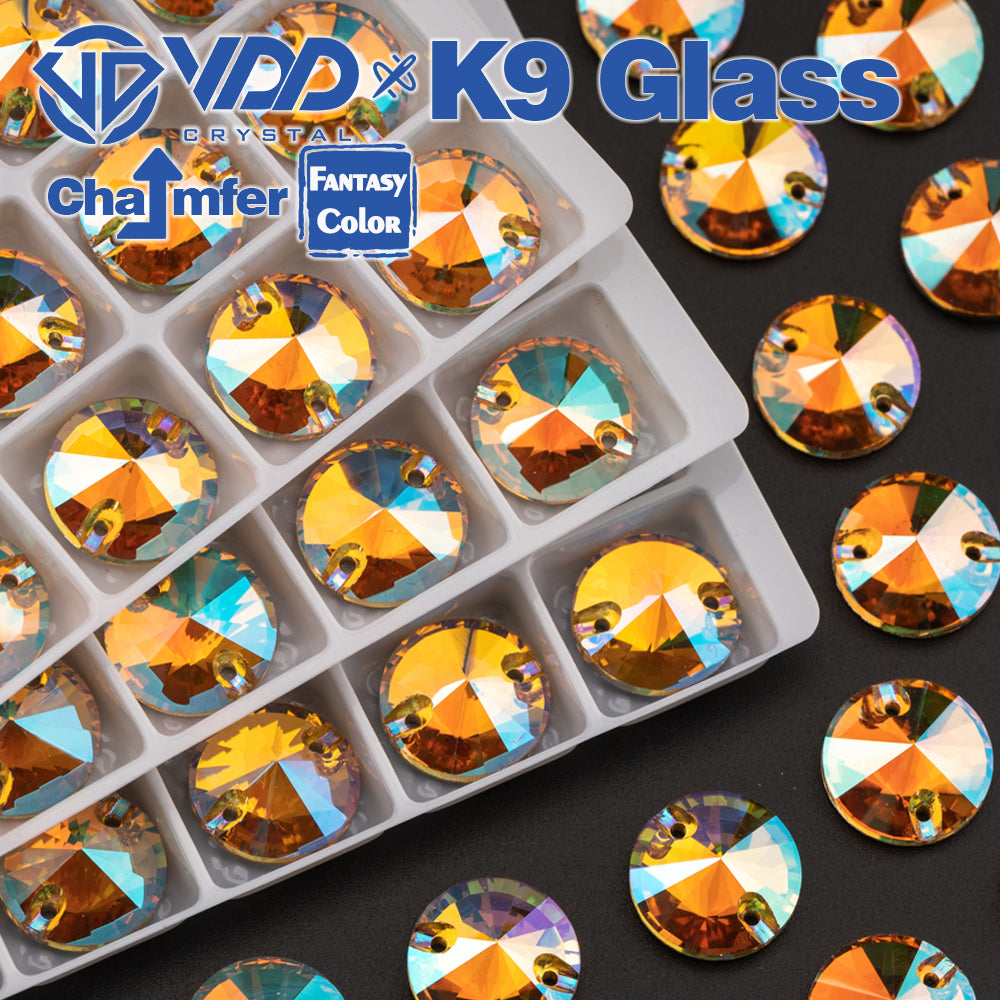 VDD Rivoli 12mm 40Pcs Burning Sun Color Top Quality K9 Glass Sew on Rhinestone Sewing Crystal Flatback Garment Decoration