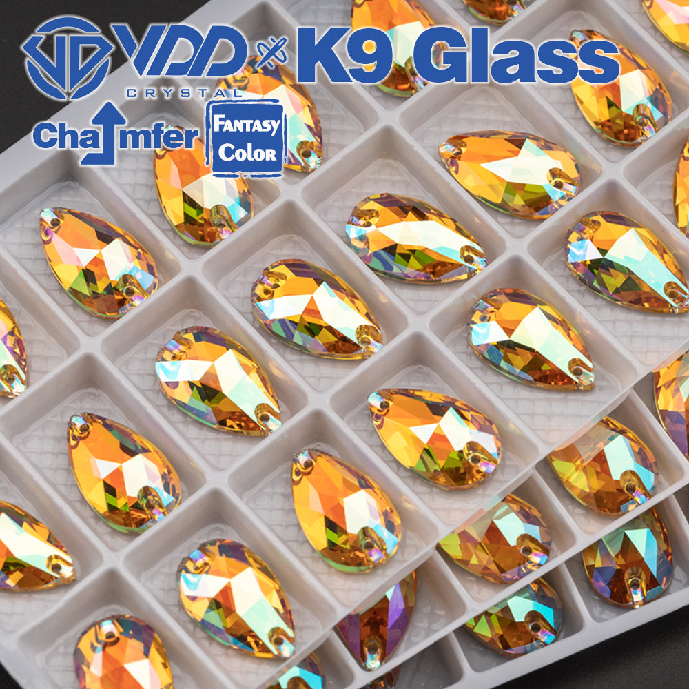 VDD Pear 11x18mm 24Pcs Burning Sun Fantasy Color K9 Glass Sew on Rhinestones Sewing Crystals Flat Back Stones for Clothes Accessories