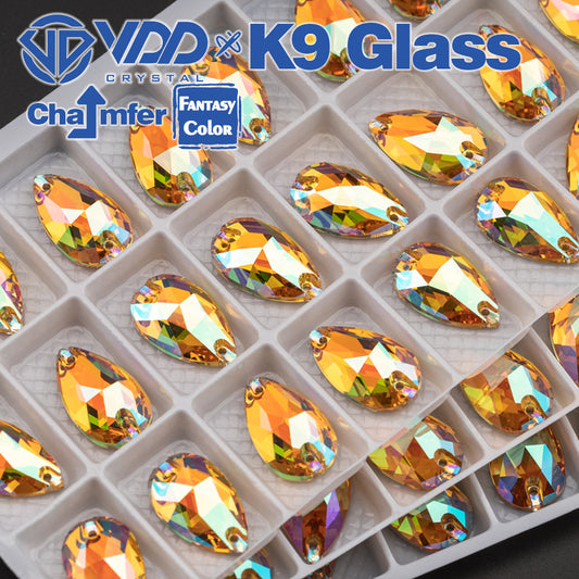 VDD Pear 11x18mm 24Pcs Burning Sun Fantasy Color K9 Glass Sew on Rhinestones Sewing Crystals Flat Back Stones for Clothes Accessories