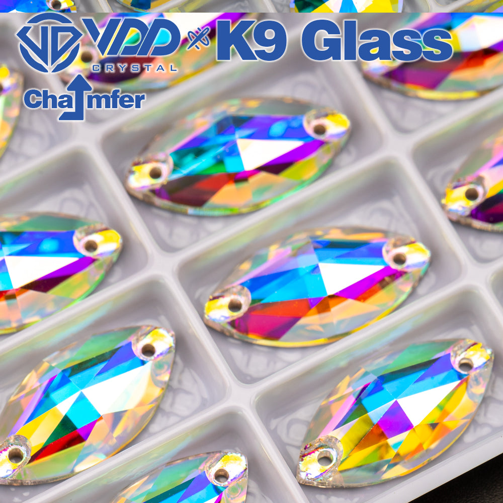 VDD S255 Crystal AB Navette Top Quality K9 Glass Sew on Rhinestones Crystal Flatback Sewing Strass Stones for Garment Decorations