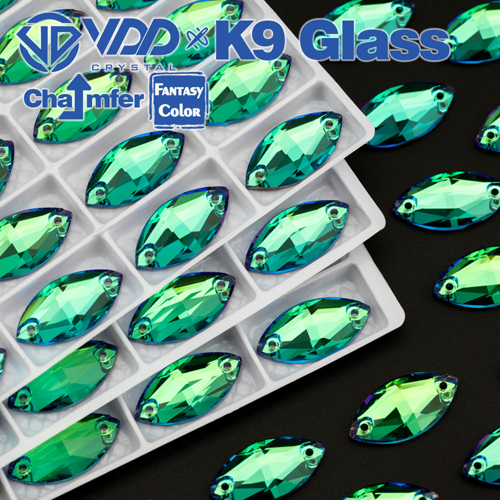 VDD Navette 9x18mm 36Pcs Luxe Green Color Top Quality K9 Glass Sew on Rhinestone Sewing Crystal Flatback Clothes Decorations
