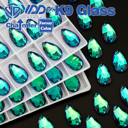 VDD Pear 11x18mm 24Pcs Luxe Green Color Top Quality K9 Glass Sew on Rhinestone Sewing Crystal Flatback Clothes Decorations