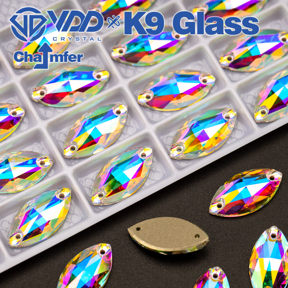 VDD S255 Crystal AB Navette Top Quality K9 Glass Sew on Rhinestones Crystal Flatback Sewing Strass Stones for Garment Decorations