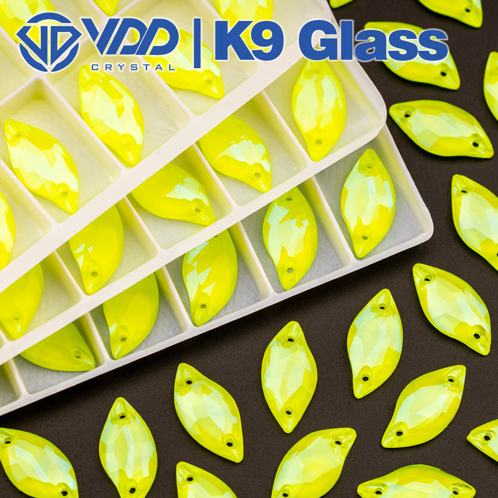 VDD 10x20mm Leaf Neon Lemon K9 Glass Sew on Rhinestones Sewing Crystal Flat Back Stones for Clothes Decorations Wedding Dress