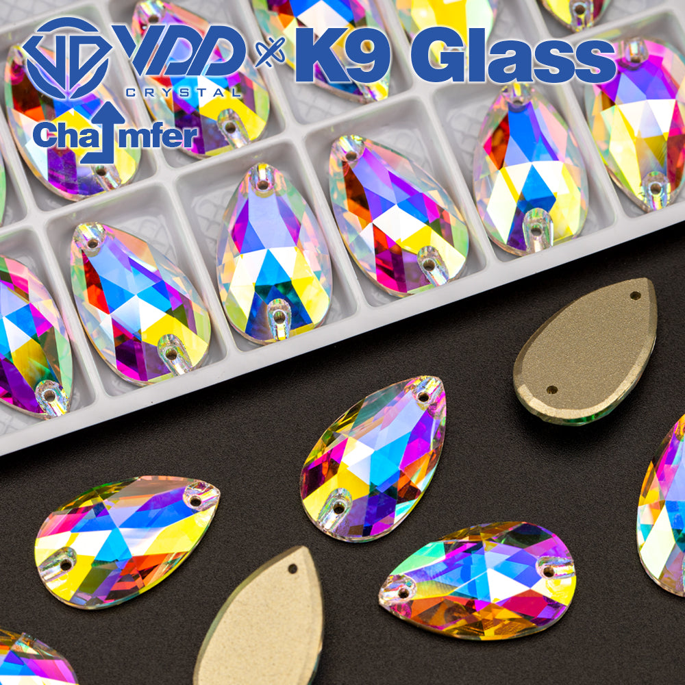 VDD S255 Crystal AB Pear Top Quality K9 Glass Sew on Rhinestones Crystal Flatback Sewing Strass Stones for DIY Garment Decorations