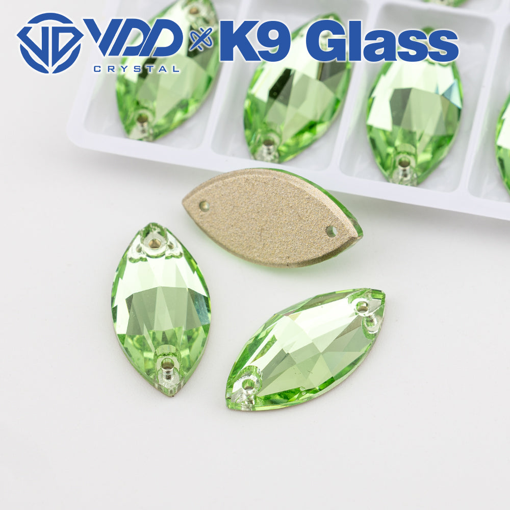 VDD S112 Lt.Peridot Navette Top Quality K9 Glass Sew on Rhinestones Crystal Flatback Sewing Strass Stones for Garment Decorations